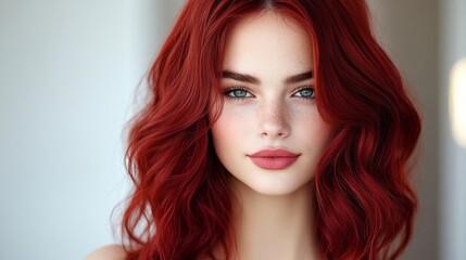 Fototapeta premium Wavy burgundy hair with vibrant red and plum undertones, styled in loose curls, glowing in soft indoor lighting, creating a warm and bold look 