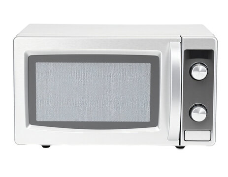 Compact silver microwave with control knobs