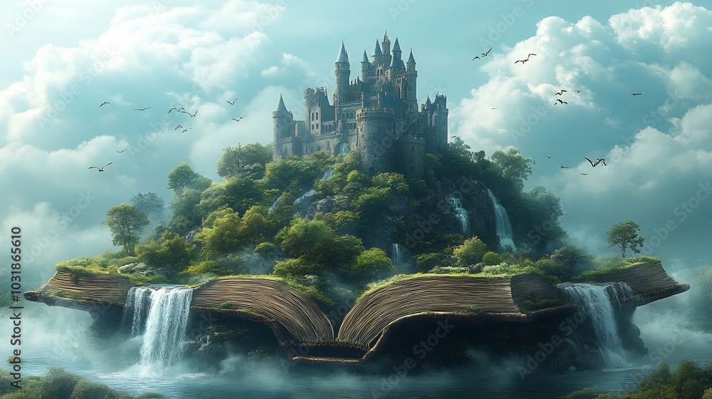 Poster castle illustration bursting out of an open book with dragons flying around it and waterfalls flowin
