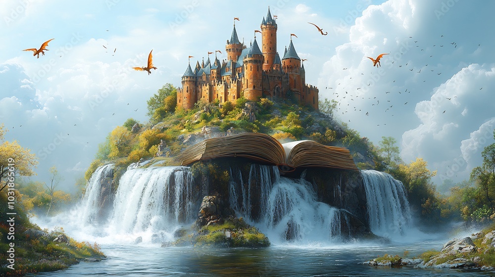 Poster castle illustration bursting out of an open book with dragons flying around it and waterfalls flowin