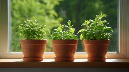 Fototapeta premium Small, but productive kitchen garden with terracotta pots overflowing with herbs like mint and coriander, nestled on a sun-drenched windowsill overlooking a cozy backyard 