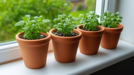 Fototapeta premium Small, but productive kitchen garden with terracotta pots overflowing with herbs like mint and coriander, nestled on a sun-drenched windowsill overlooking a cozy backyard 