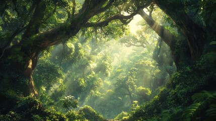A detailed view of the Indian jungle, with thick vines and lush foliage illuminated by sunlight.