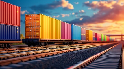 Obraz premium Freight Train with Colorful Cargo Containers at Sunset