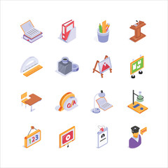Collection of school and education isometric icon in modern design style
