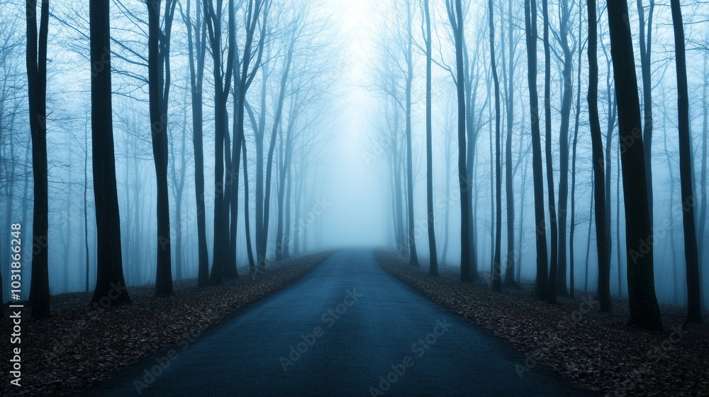 Poster mysterious fog enveloping a quiet forest path, with tall trees fading into the mist, their branches 