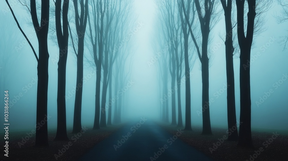 Poster mysterious fog enveloping a quiet forest path, with tall trees fading into the mist, their branches 