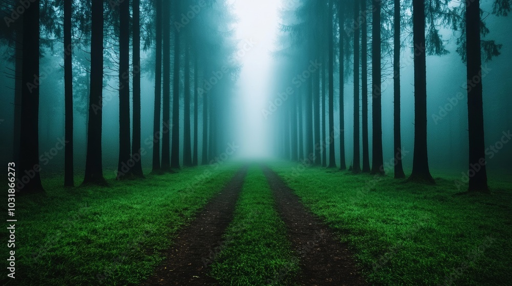 Poster mysterious fog enveloping a quiet forest path, with tall trees fading into the mist, their branches 
