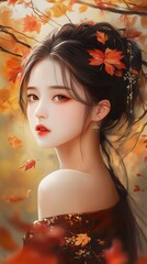 A girl with autumn leaves in her hair, surrounded by golden and red foliage, in the style of Chinese painting