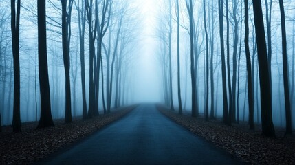 Mysterious fog enveloping a quiet forest path, with tall trees fading into the mist, their branches barely visible as the fog creates a haunting, otherworldly atmosphere 