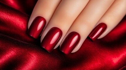 Nails painted in deep burgundy polish, resting on a velvet fabric in a matching shade, with soft lighting highlighting the luxurious and smooth texture of the polish 
