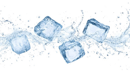 Obraz premium flying ice cubes with water splash isolated on white background