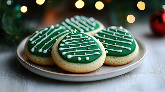 Christmas Background, Decorated green cookies on a plate with festive background lights.