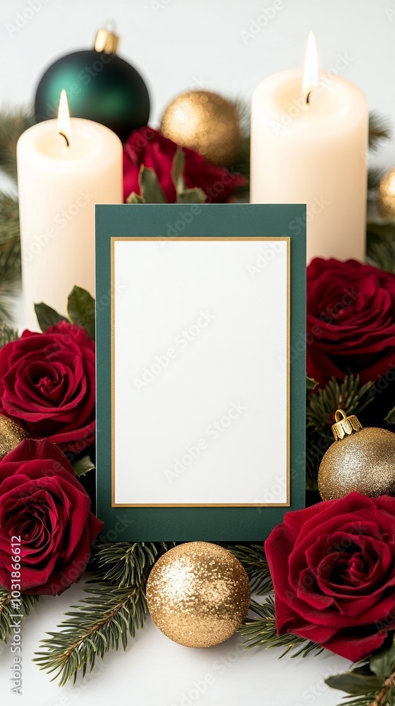 Poster Luxurious Christmas mockup featuring a blank card with gold edges, surrounded by deep red roses, shimmering gold baubles, and candles, creating a warm, elegant holiday setting 