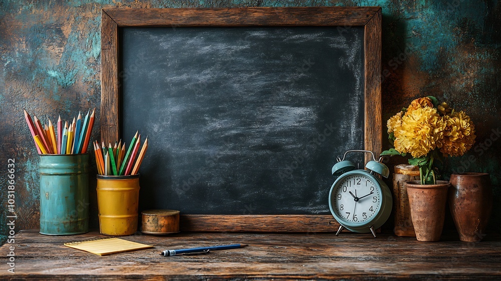 Poster chalkboard with a rustic wooden table displaying school supplies and an alarm clock offering a copy 