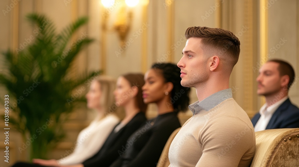 Poster instructor demonstrating the art of polite conversation in an etiquette class, with students sitting