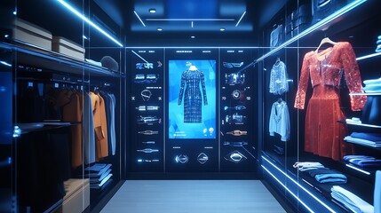 Futuristic wardrobe with smart clothing options displayed on interactive screens for personalized fashion recommendations