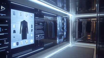 Obraz premium Futuristic wardrobe with smart clothing options displayed on interactive screens for personalized fashion recommendations