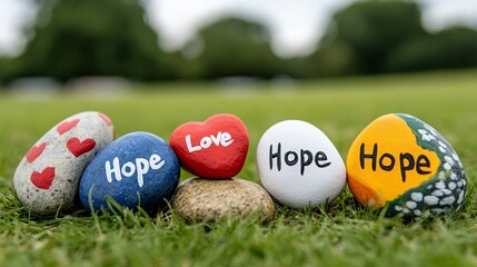 Kindness rocks painted with positive words like Love and Hope scattered on a grassy field, vibrant colors popping against the green for World Kindness Day  © fotogurme