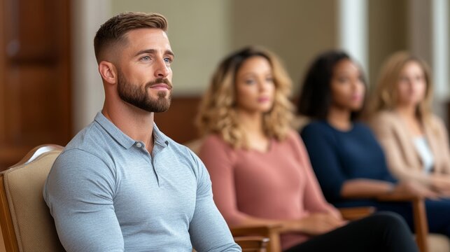 Instructor demonstrating the art of polite conversation in an etiquette class, with students sitting in elegant armchairs, practicing active listening and thoughtful responses 
