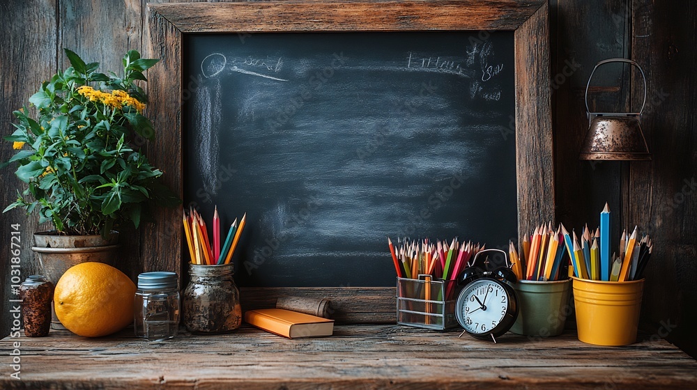 Poster chalkboard with a rustic wooden table displaying school supplies and an alarm clock offering a copy 