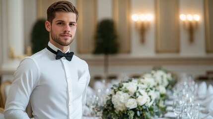 Formal etiquette class where students are learning to properly fold napkins and set a sophisticated table, with an instructor overseeing the lesson in a refined dining room setting 