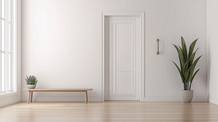 Simple minimalist entryway with a natural wood bench, single coat hook, and a potted snake plant by the entrance