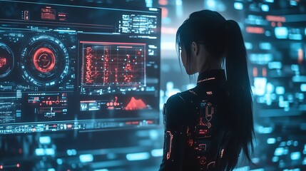 Model wearing futuristic clothing with embedded sensors, standing in front of a digital interface showing real-time data