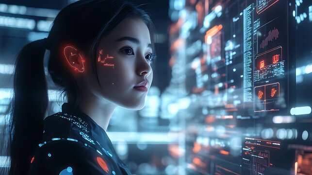 Model wearing futuristic clothing with embedded sensors, standing in front of a digital interface showing real-time data