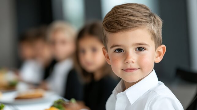 Etiquette class for children, with students learning the importance of good manners, sitting properly at a dining table while the instructor demonstrates polite table behavior 