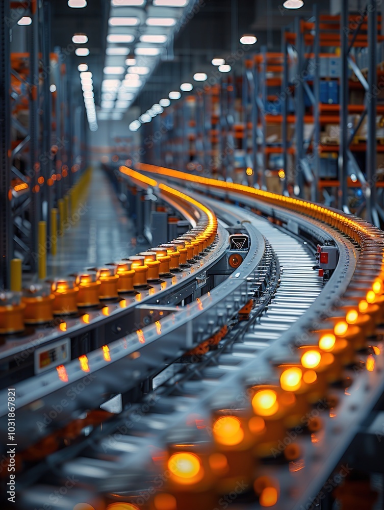 Aufkleber a conveyor system in a warehouse, showcasing automated logistics and sorting processes.
