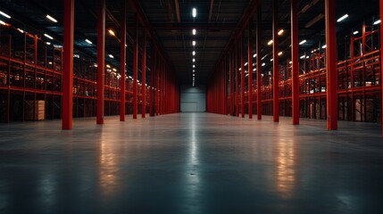 Fototapeta premium Abandoned Industrial Warehouse with Empty Storage Shelving, representing decline, forgotten, potential, industrial decay, empty space.