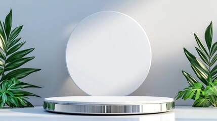 Minimalist Product Display Podium with Tropical Leaves