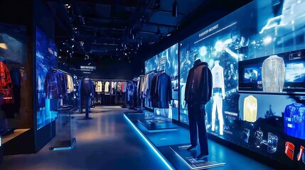 Smart clothing with integrated technology on display in a futuristic fashion store with interactive screens
