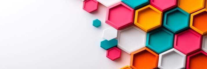 Abstract colorful hexagon pattern on a white background, showcasing geometric shapes, vibrant colors, modern design, and a contemporary aesthetic.