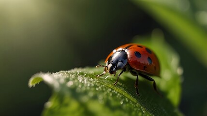 Fototapeta premium ladybug on green leaf