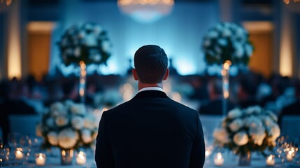 Elegant black-tie fundraiser dinner with guests seated at tables adorned with candles and flowers, while a speaker presents the mission of the charity on a beautifully lit stage 