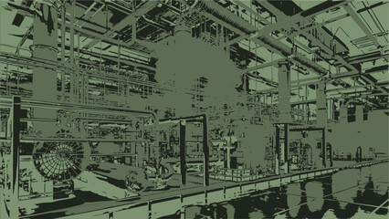Abstrakte Vektor Darstellung Industrie Anlagen - Produktion und Herstellung mit Rohrleitungen und Maschinen