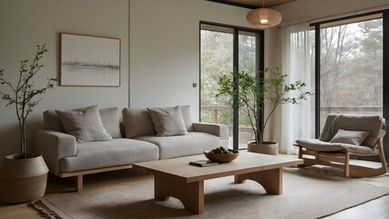 AI-Generated Image of a Japandi-Style Modern Minimalist Living Room with Large Floor-to-Ceiling Windows