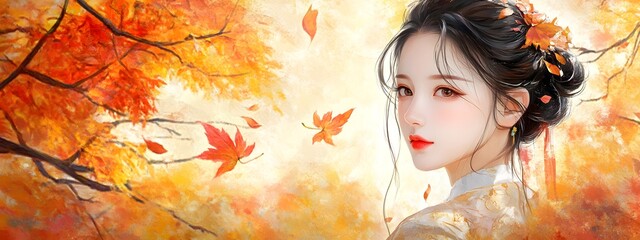 A girl with autumn leaves in her hair, surrounded by golden and red foliage, in the style of Chinese painting