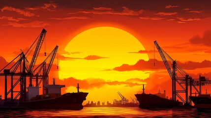Fototapeta premium Sunset Silhouette of Cargo Ships and Cranes at a Busy Harbor