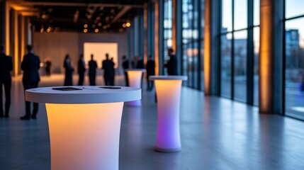 Corporate fundraiser event with guests networking around sleek high-top tables, donation kiosks placed around the venue, and a stage where a keynote speaker highlights the charity's mission 
