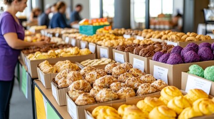 Community fundraiser bake sale with tables full of homemade goods, friendly volunteers interacting with guests, colorful donation boxes, and banners supporting the cause 
