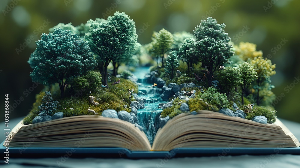 Poster charming 3d scene for world book day showing an open book with a magical landscape unfolding inside 