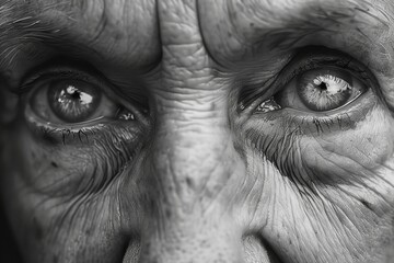 Fototapeta premium Close-up of an elderly person's expressive eyes, showcasing deep wrinkles and a rich life story in black and white