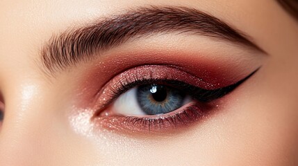 Obraz premium Beautiful burgundy eyeliner with a dramatic wing, paired with subtle shimmery gold eyeshadow, highlighting the rich, warm tones for a striking makeup look 