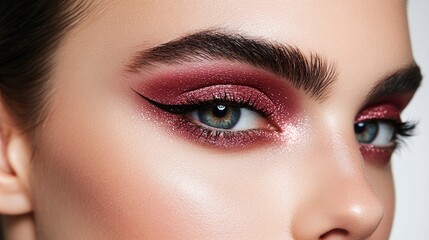 Naklejka premium Beautiful burgundy eyeliner with a dramatic wing, paired with subtle shimmery gold eyeshadow, highlighting the rich, warm tones for a striking makeup look 