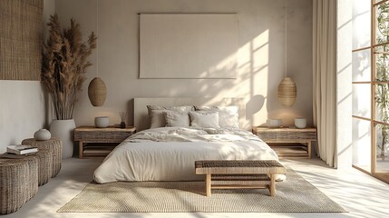 Elegant and Cozy Modern Bedroom Interior Design with Stylish Decor, mockup, poster and Background