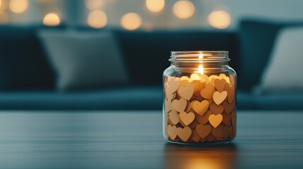 A random act of kindness jar filled with handwritten notes, with soft lighting and a cozy setting for World Kindness Day 