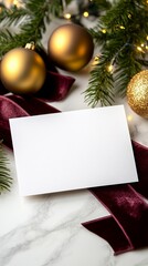 Fototapeta premium A refined Christmas mockup with a blank card on a marble surface, surrounded by elegant golden ornaments, rich burgundy velvet ribbon, and soft glowing fairy lights, creating a warm and festive scene 